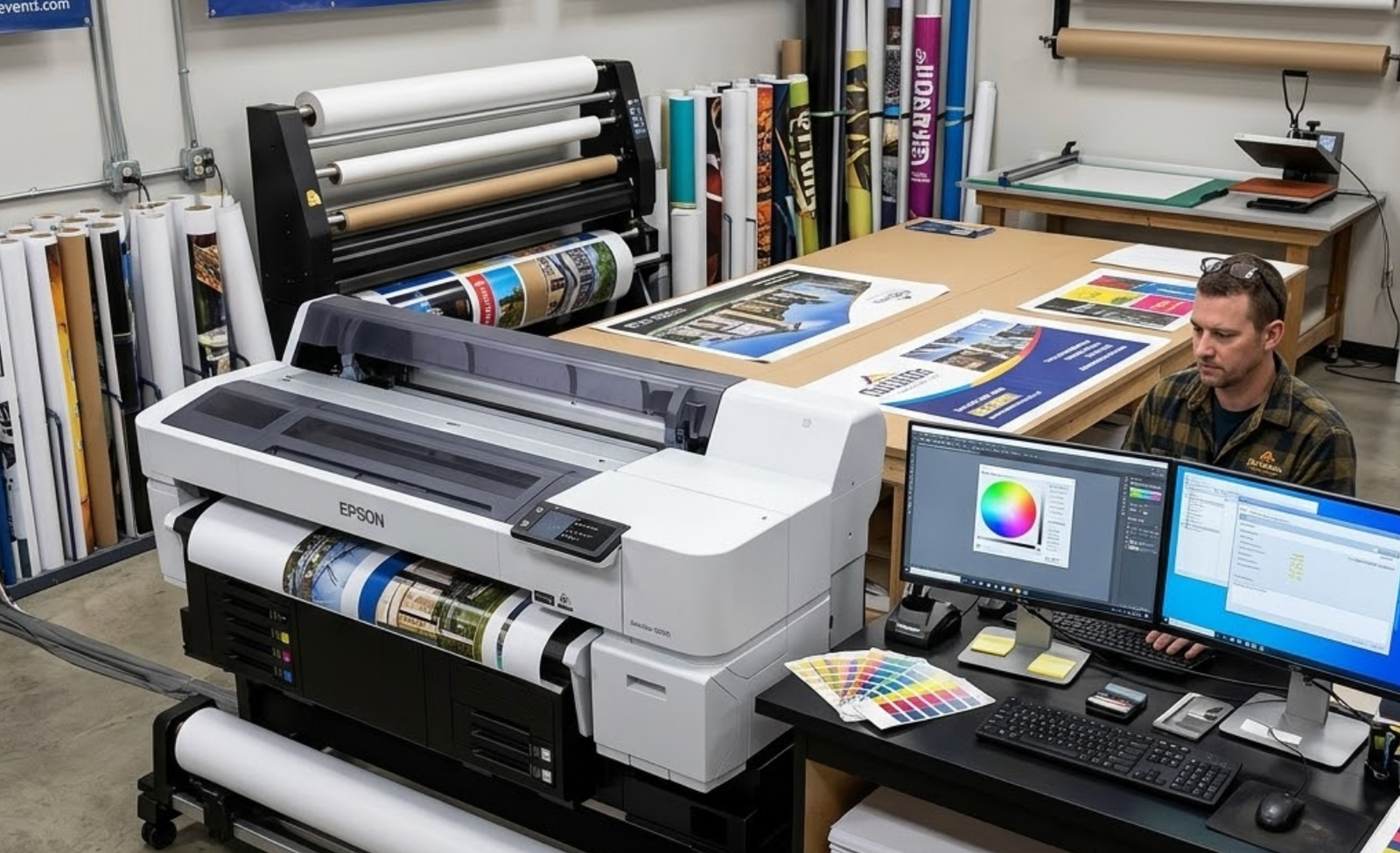 Sala de impressão com plotter de grande formato e materiais impressos